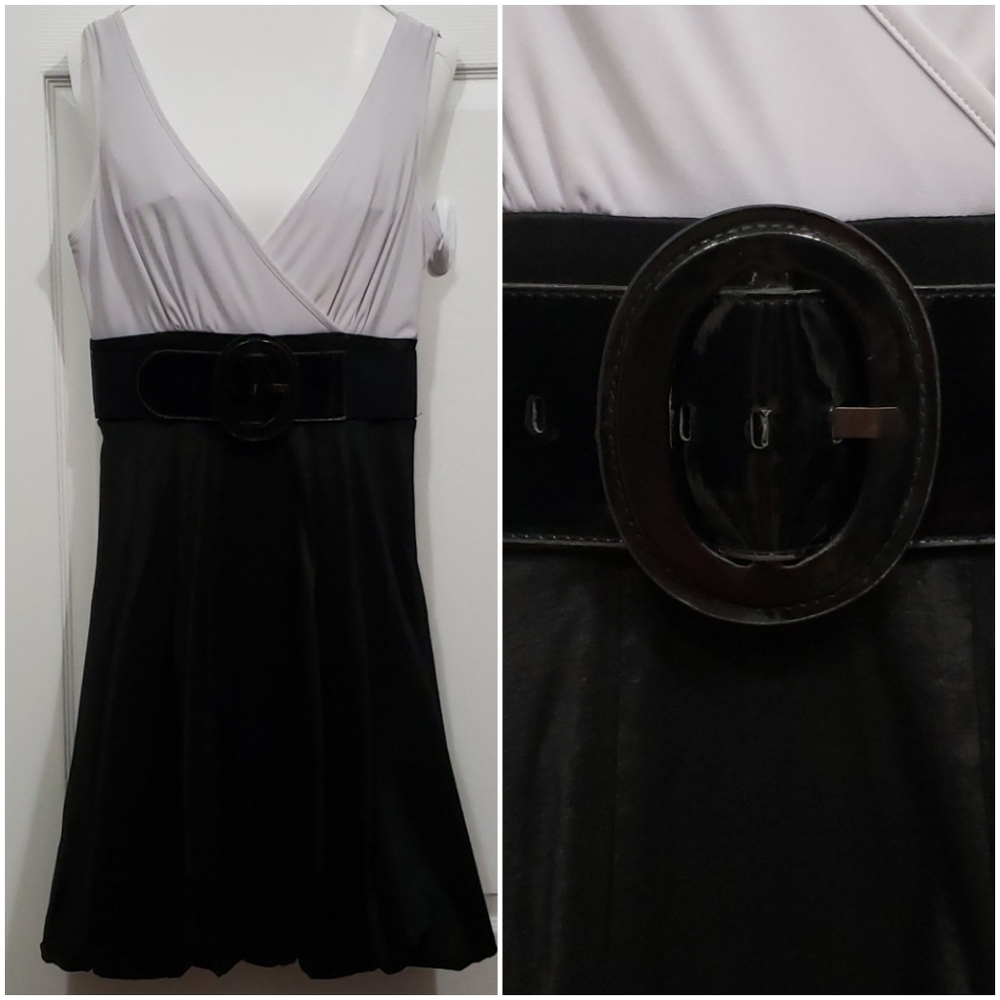 Frank Lyman Vneck Tuffted bottom Dress BLK/WH s10